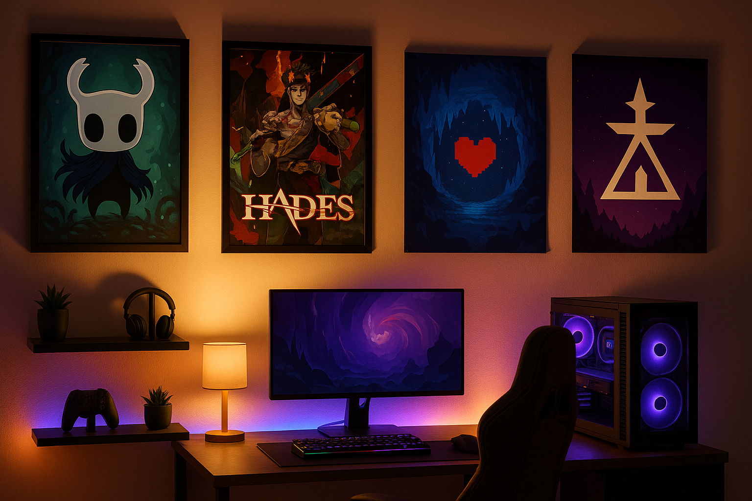Posters (Frame & no-Frame) printed artworks from Hollow Knight, Hades, Undertale, Deltarune. Put these posters on a gaming room.
