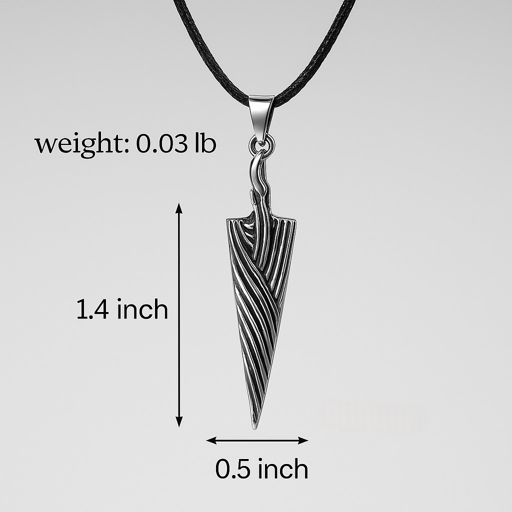Hollow Knight Bone Nail necklace on a black cord with measurements and weight displayed.