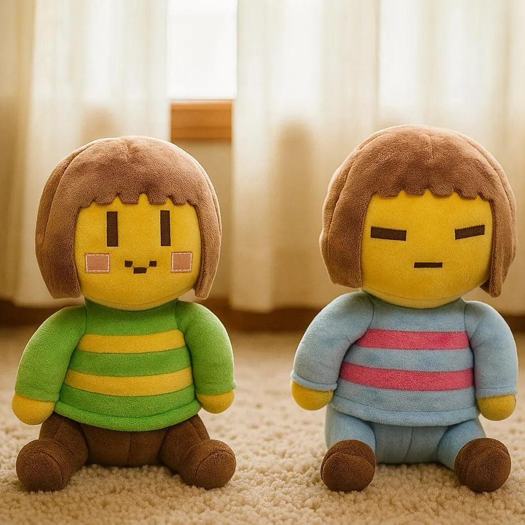 Close-up of the Chara & Frisk Plush faces, highlighting the kawaii, soft stuffed detail