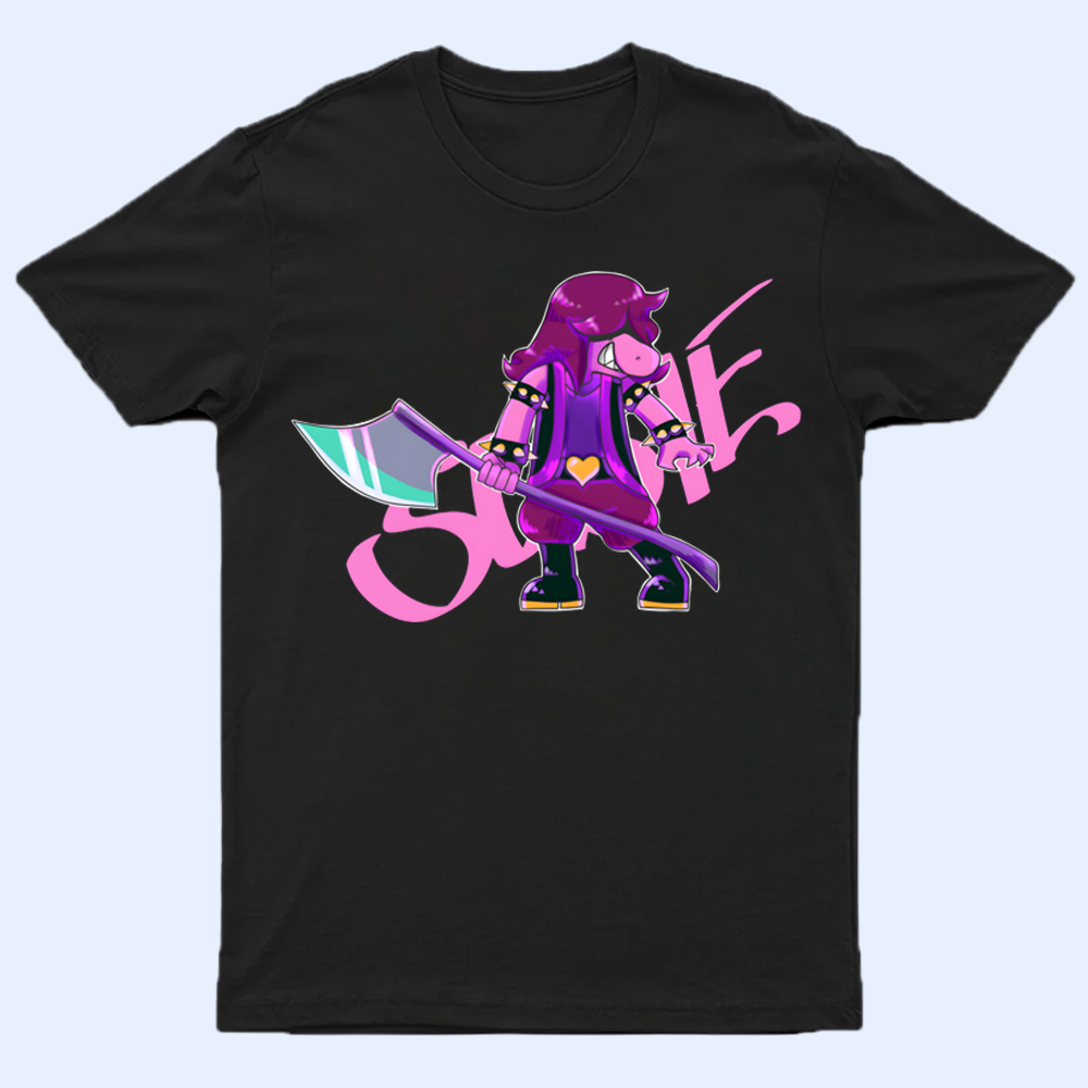 Front view of the DELTARUNE merch Susie Monster Friend T-shirt, featuring the cool character graphic