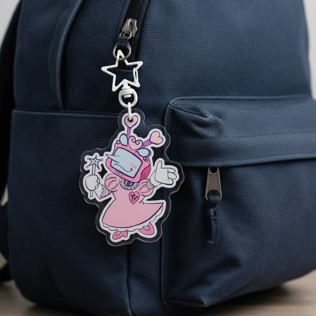 DELTARUNE Merch Tenna Princess Keychain clipped onto a backpack zipper, demonstrating its use as a bag accessory.