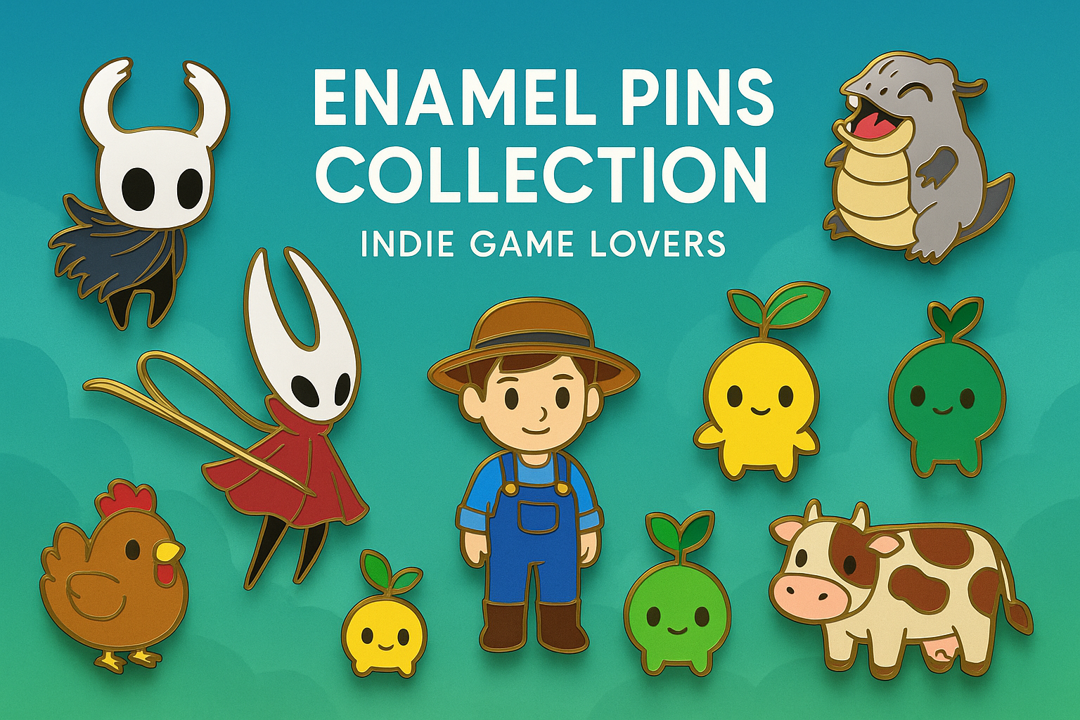 a Banner of my Enamel Pins collection for Indie Game lovers, the banner features the Brooches & Enamel Pins of popular characters from Hollow Knight and Stardew Valley