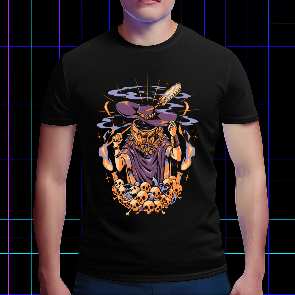A lifestyle photo of the Hades-inspired Stygian Boatman tee, worn in a gaming-themed environment