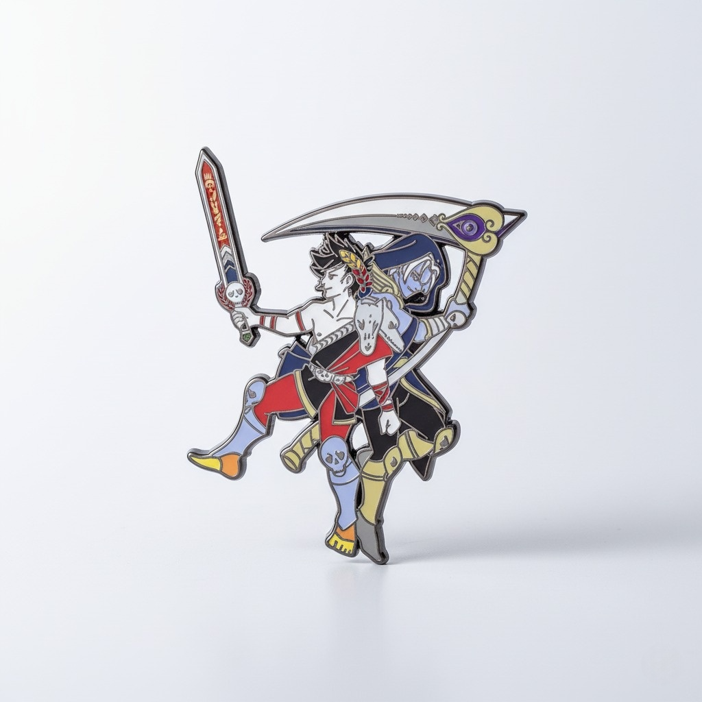 Full view of the Hades game merch enamel pin featuring Zagreus and Thanatos