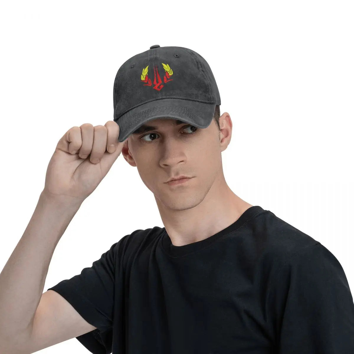 A lifestyle photo of a person wearing the Hades logo hat with the Zagreus symbol