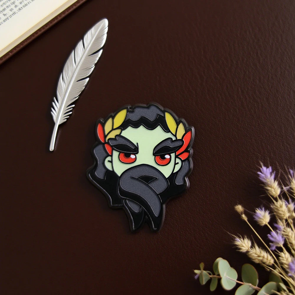 A lifestyle photo showing the Hypnos Hades pin worn on a collar, perfect for Hades game merch