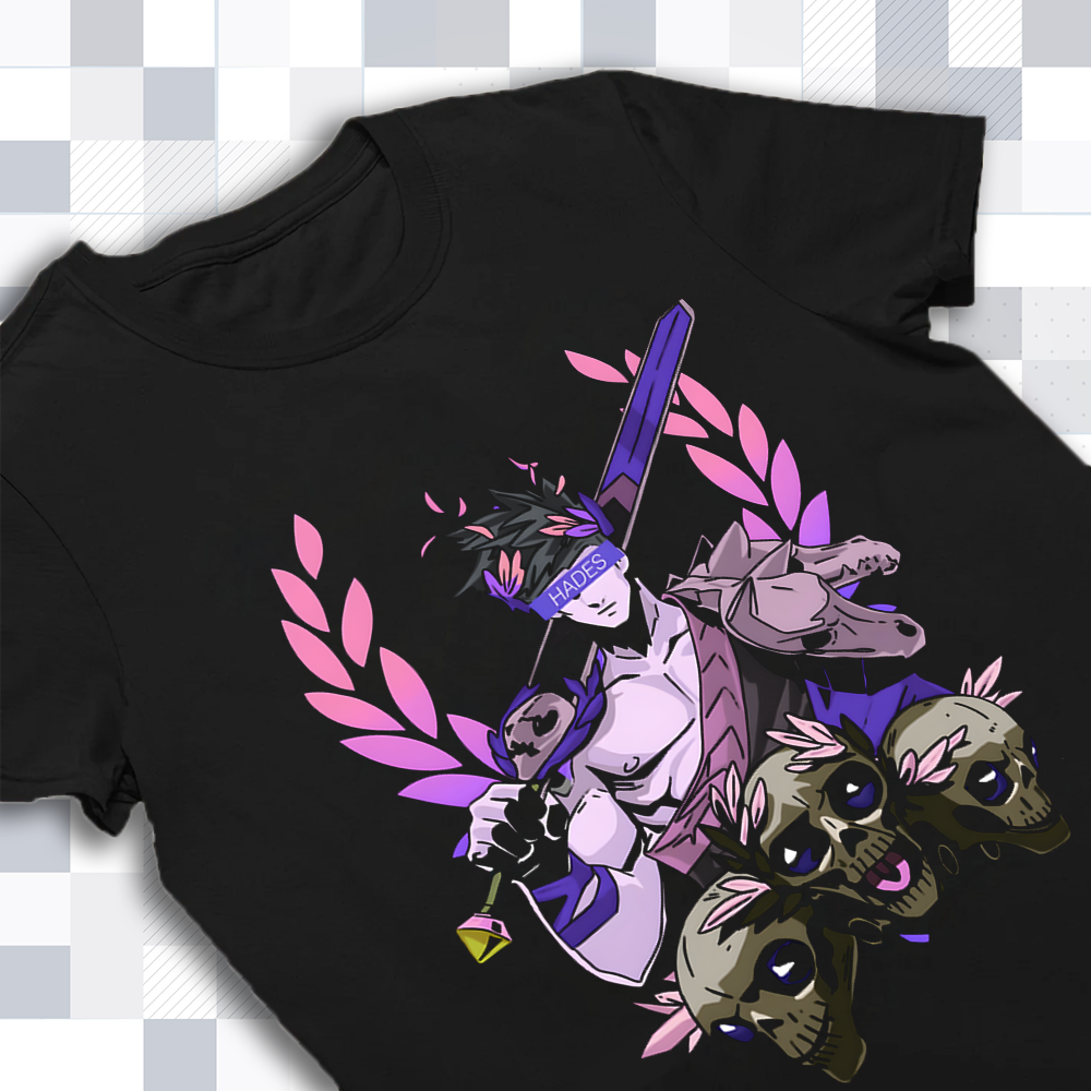 A detailed close-up of the Zagreus and Cerberus design on the Hades merch shirt, showing the intricate art