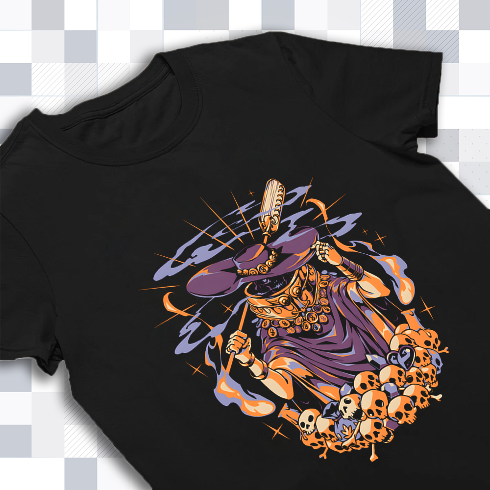 A detailed close-up of the Charon design on the Hades merch shirt, showing the intricate art style