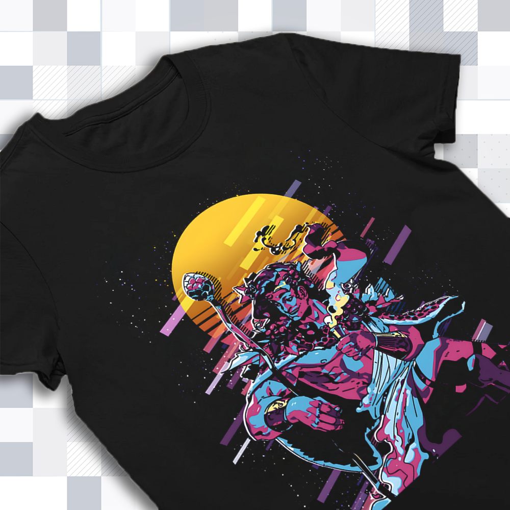 A detailed close-up of the retro Dionysus design on the Hades merch shirt, showing the unique art style