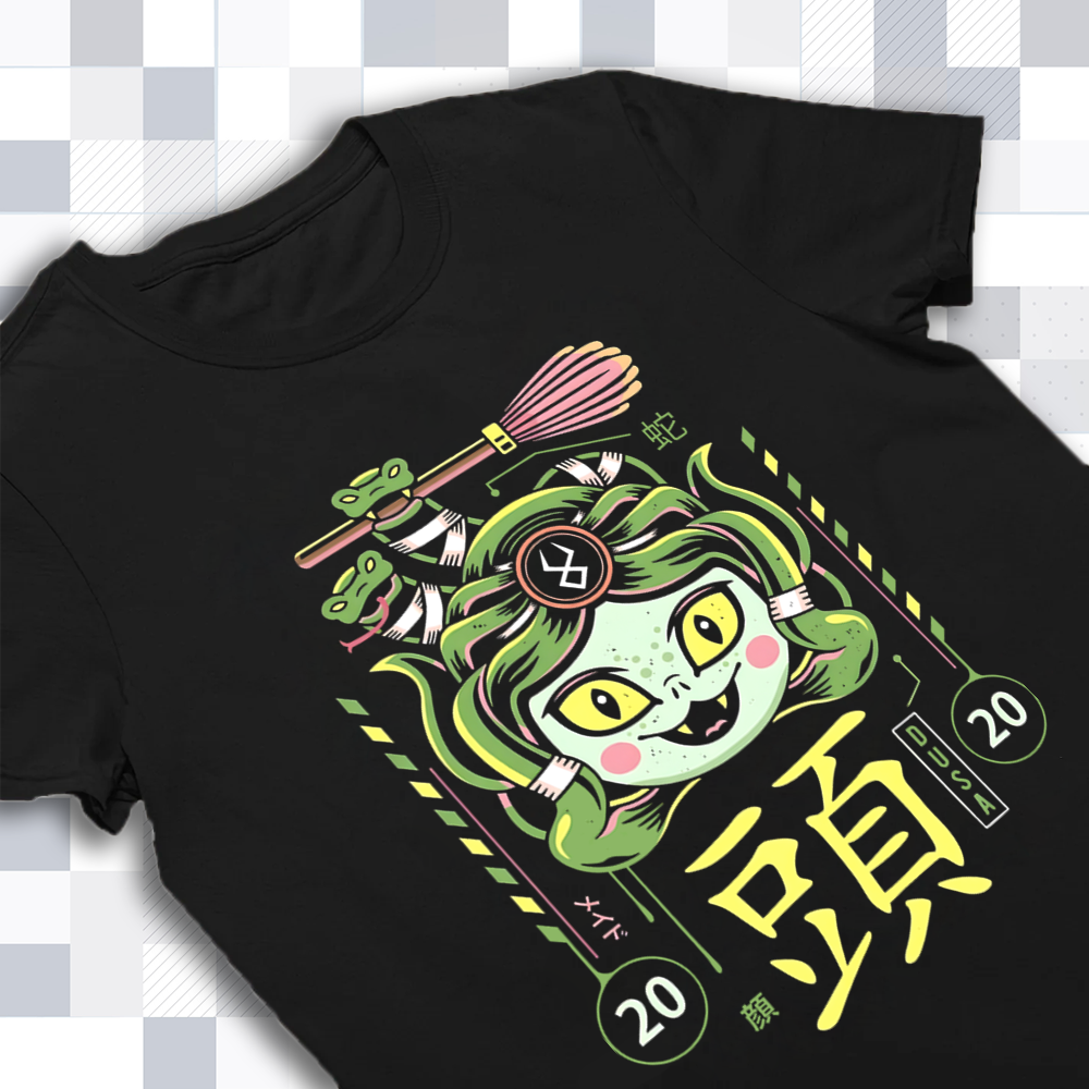 A detailed close-up of the Dusa design on the Hades merch shirt, showing the intricate art style