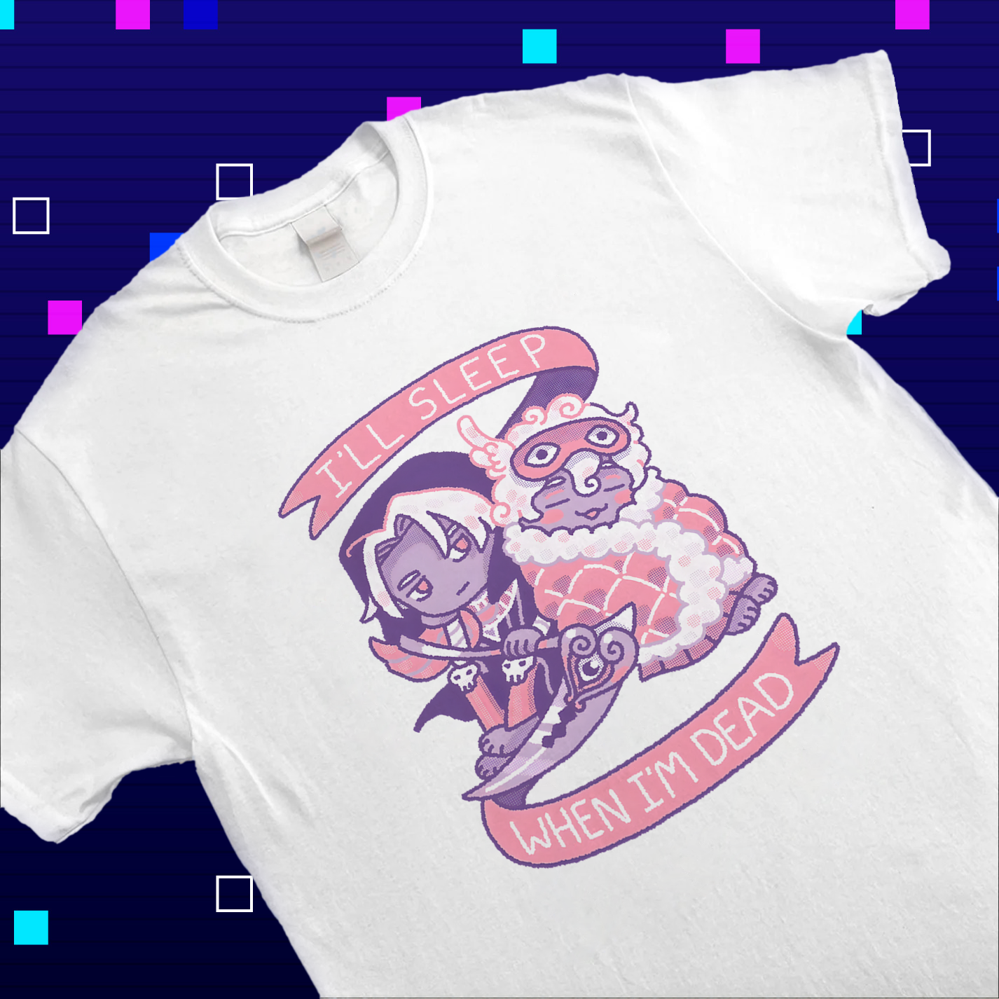 A close-up of the text 'I'll Sleep When I'm Dead' on the Hades merch shirt, showing the print quality