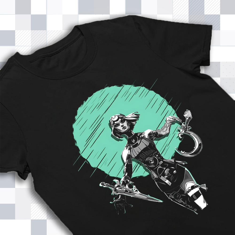 A detailed close-up of the retro Melinoë design on the Hades merch shirt, showing the unique art style