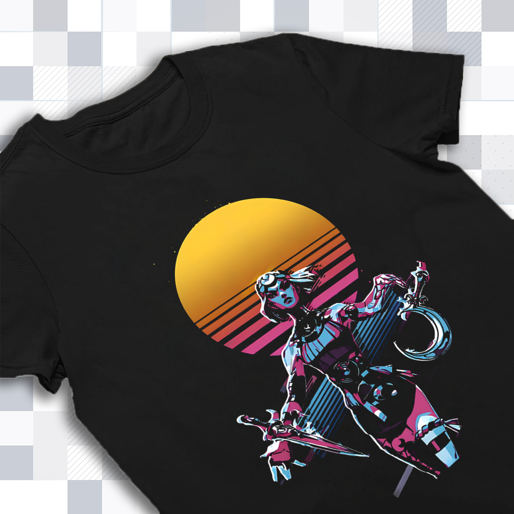 A detailed close-up of the Melinoë design on the Hades merch shirt, showing the intricate art style