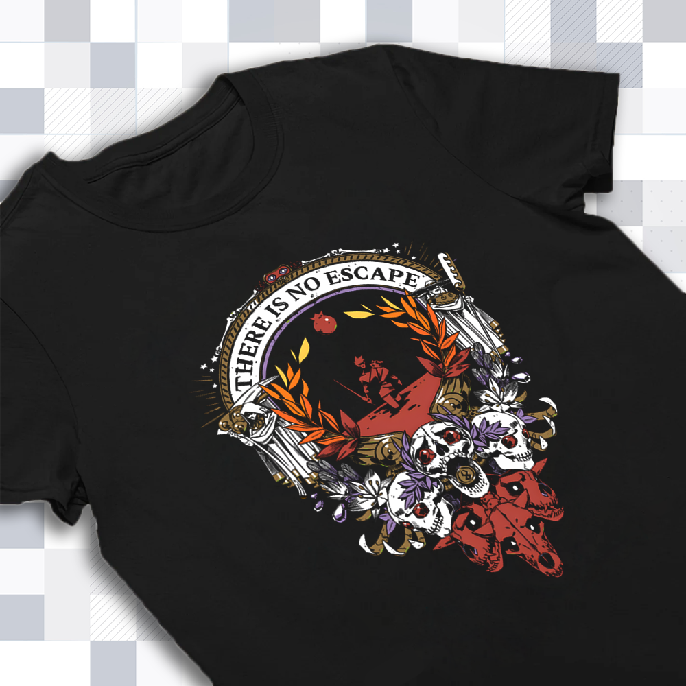 A detailed close-up of the 'There Is No Escape' text on the Hades merch shirt, showing the print quality