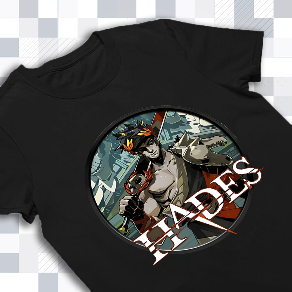 A close-up of the Zagreus design on the Hades apparel, showing the vibrant print