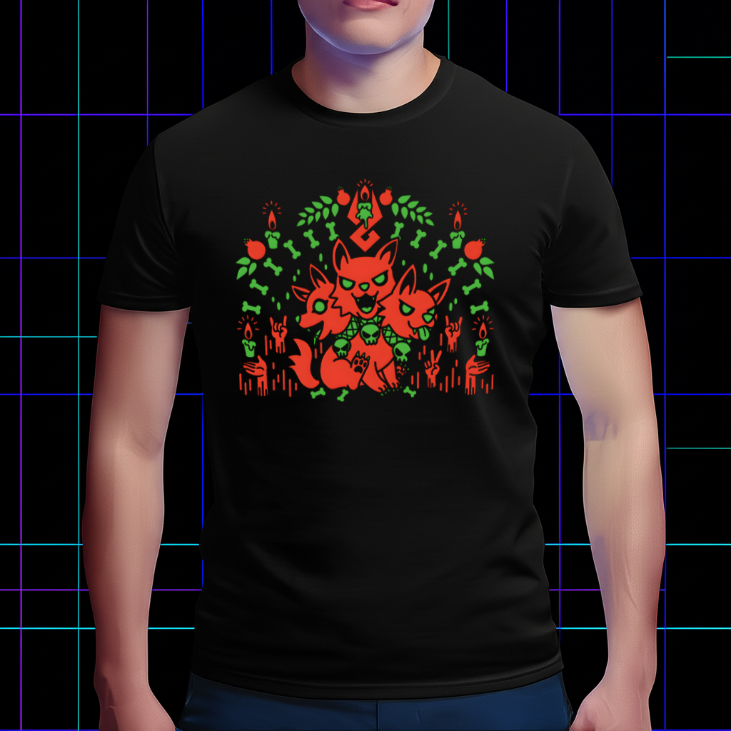 A lifestyle photo of the Hades Cerberus tee, worn by a person at a gaming station