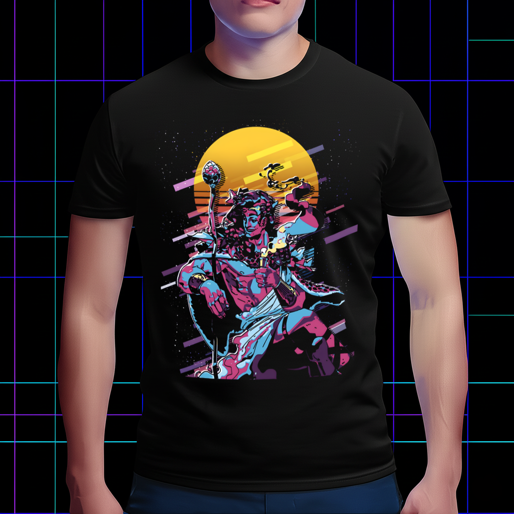 A lifestyle photo of a person wearing the retro Hades Dionysus tee