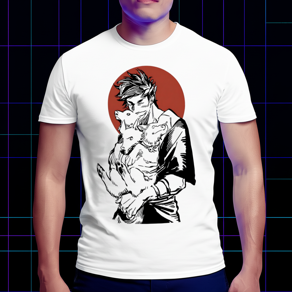 A lifestyle photo of a person wearing the Hades-inspired Zagreus and Cerberus duo tee