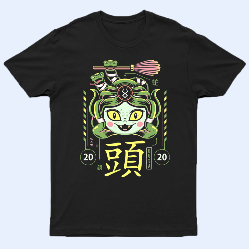 Front view of the Hades shirt featuring Dusa, the floating Gorgon head, in a detailed design