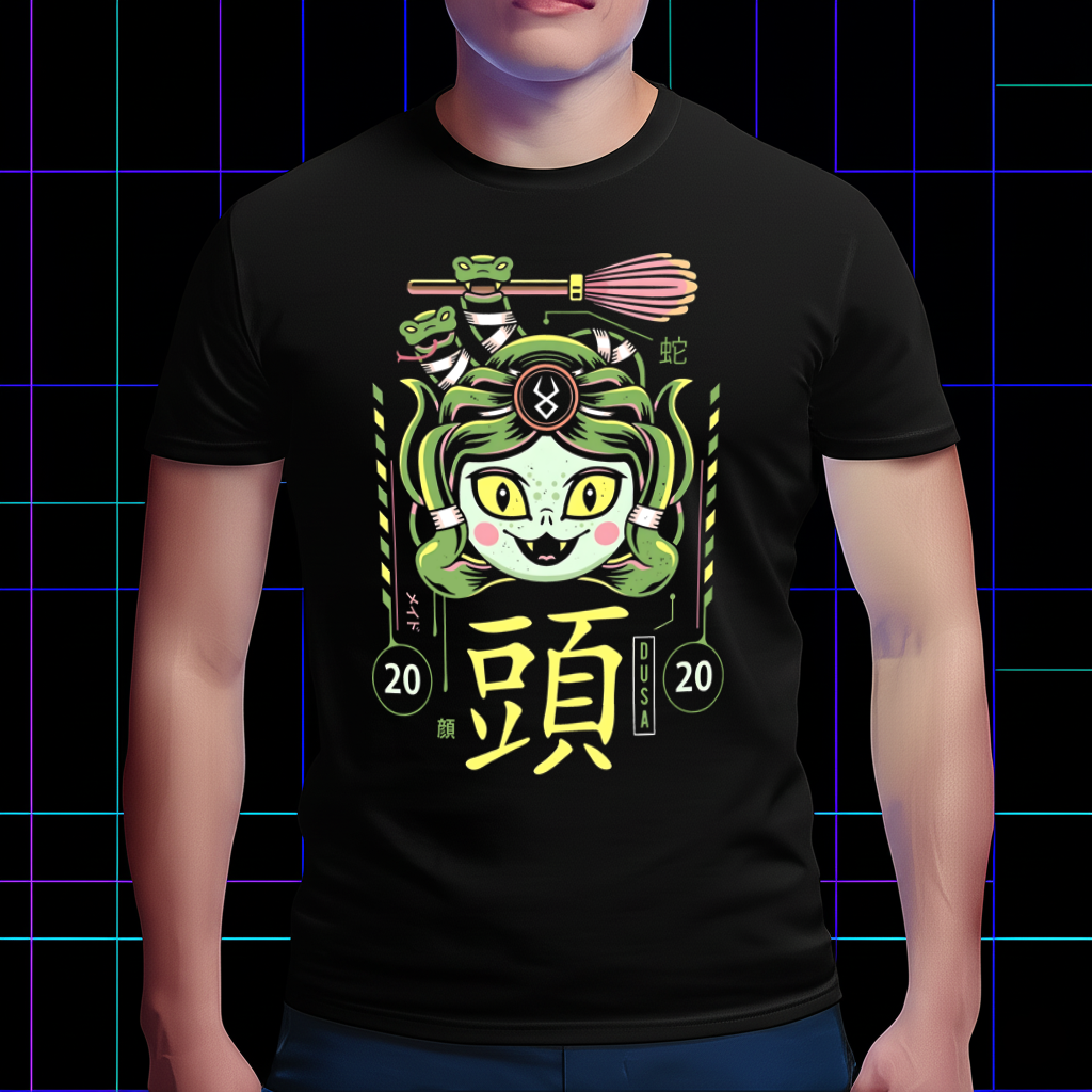 A lifestyle photo of a person wearing the Hades-inspired Dusa tee