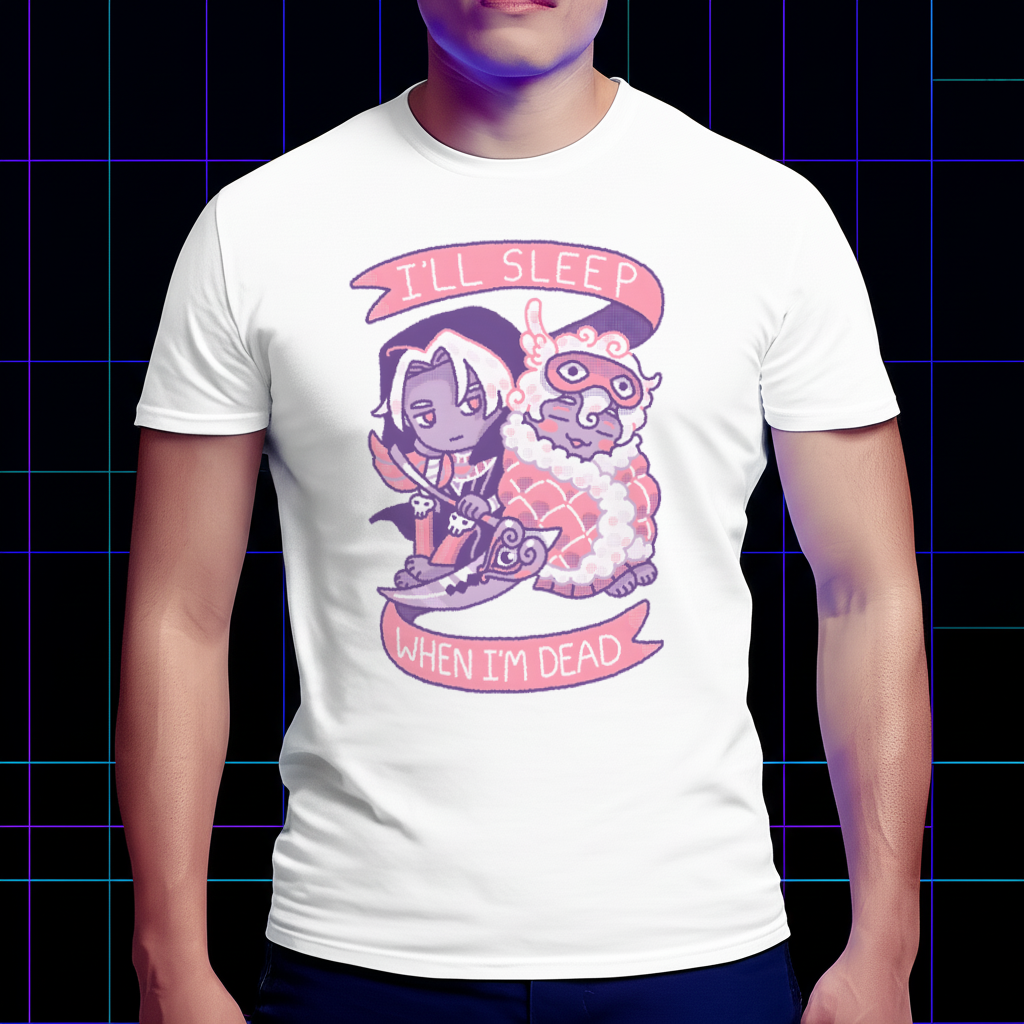 A lifestyle photo of a model wearing the Hades-inspired shirt with the 'I'll Sleep When I'm Dead' quote