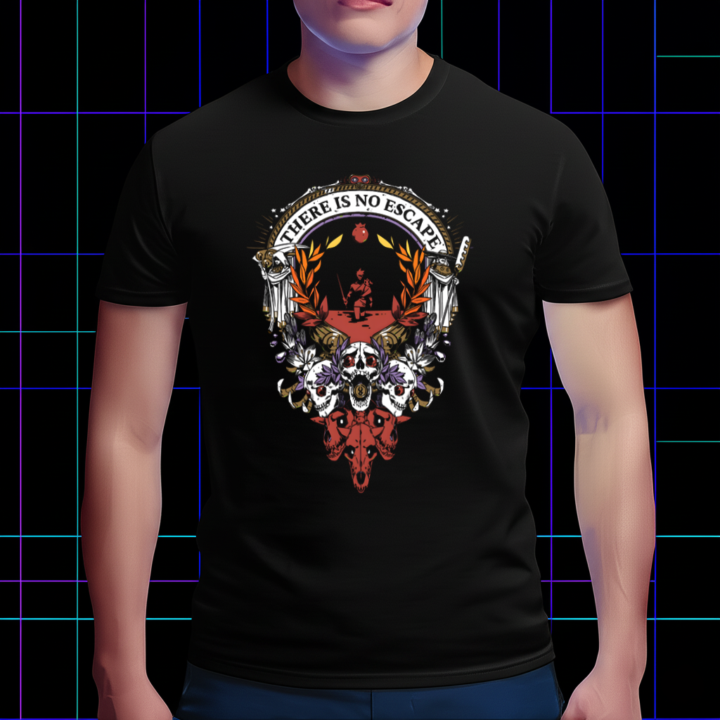 A lifestyle photo of a person wearing the Hades-inspired 'There Is No Escape' shirt at a gaming station