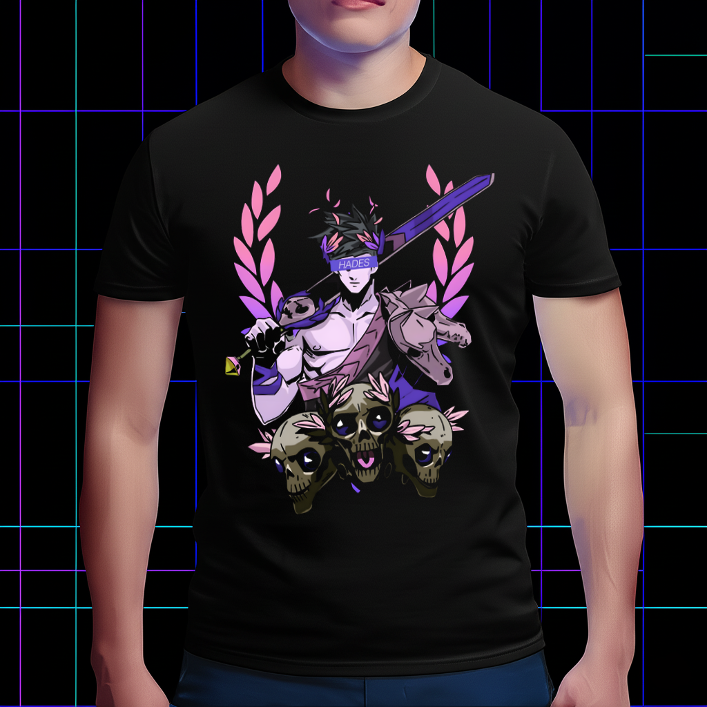 A lifestyle photo of a person wearing the Hades-inspired Zagreus and Cerberus tee at a gaming setup