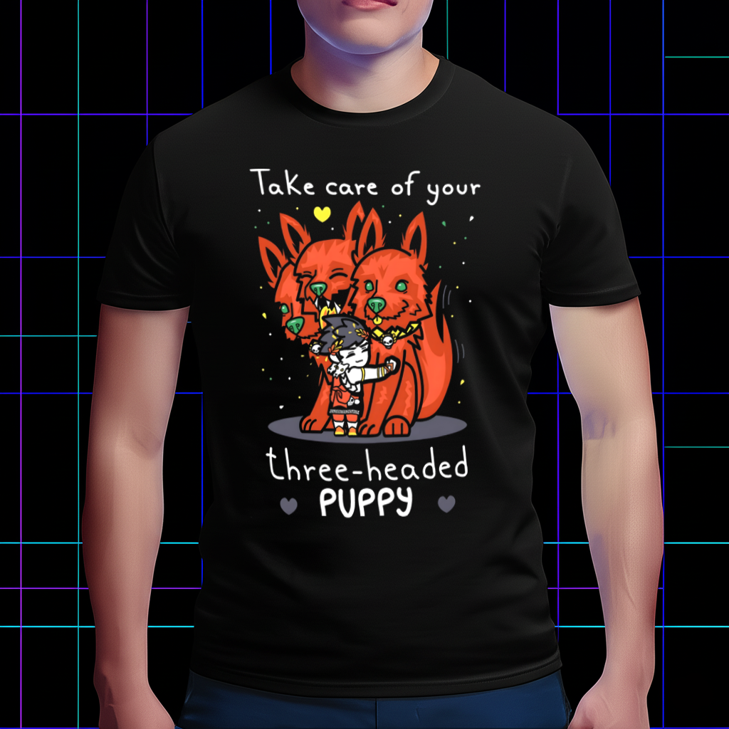 A lifestyle photo of a person wearing the Hades-inspired Zagreus and Cerberus tee