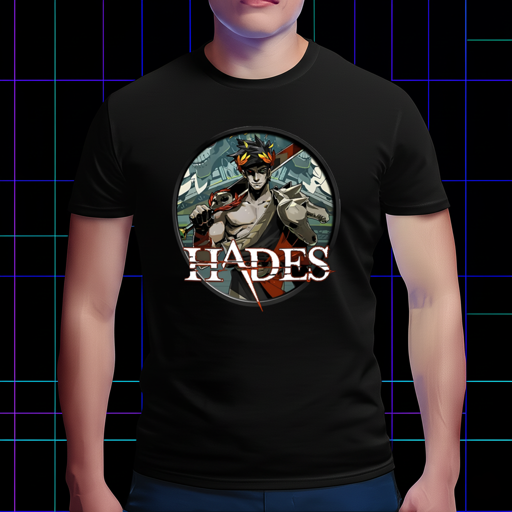 A lifestyle photo of a fan wearing the Hades Zagreus shirt while gaming, with a controller in hand.