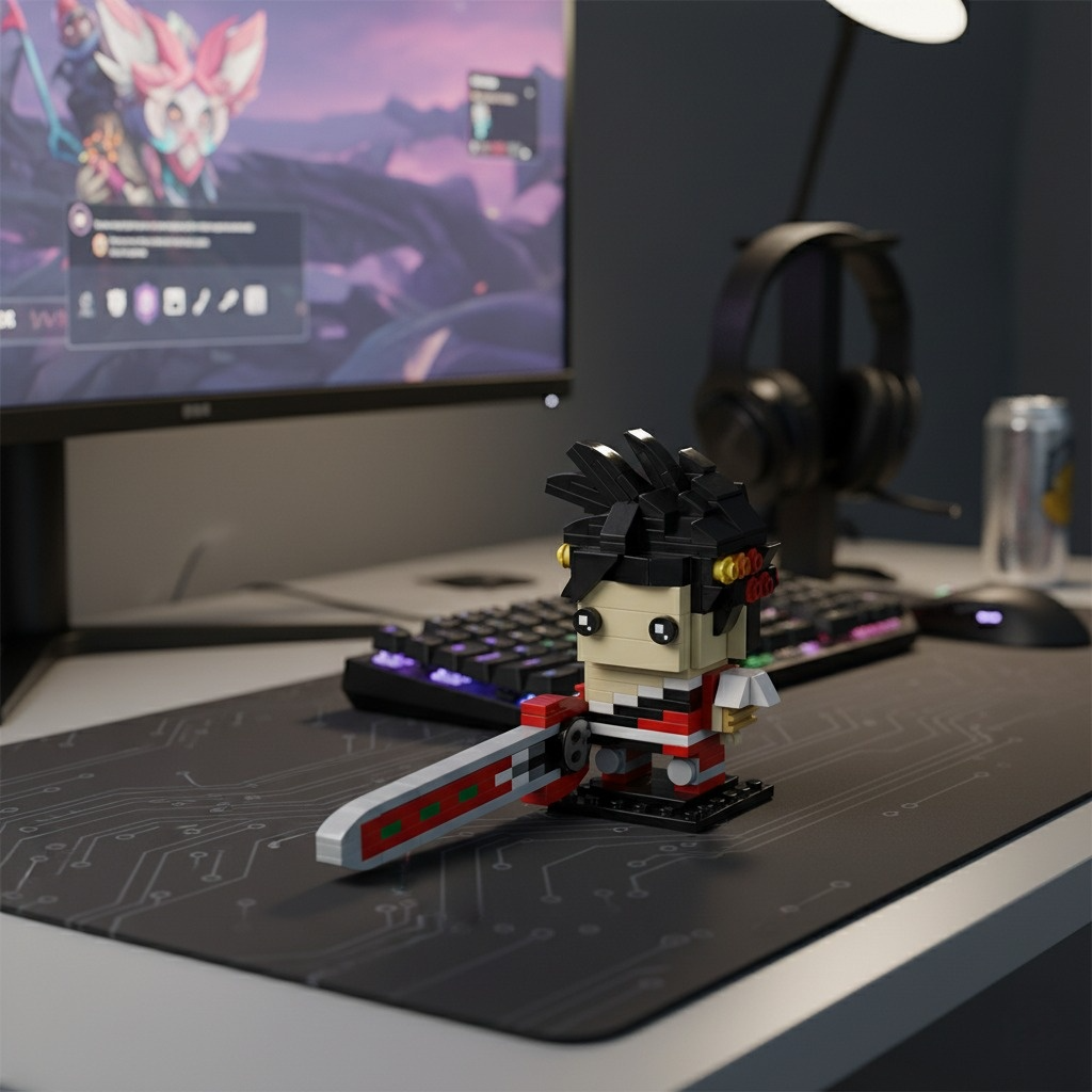 A lifestyle photo of the Hades Zagreus brick figure on a collector's shelf or gaming desk, perfect Hades game merch