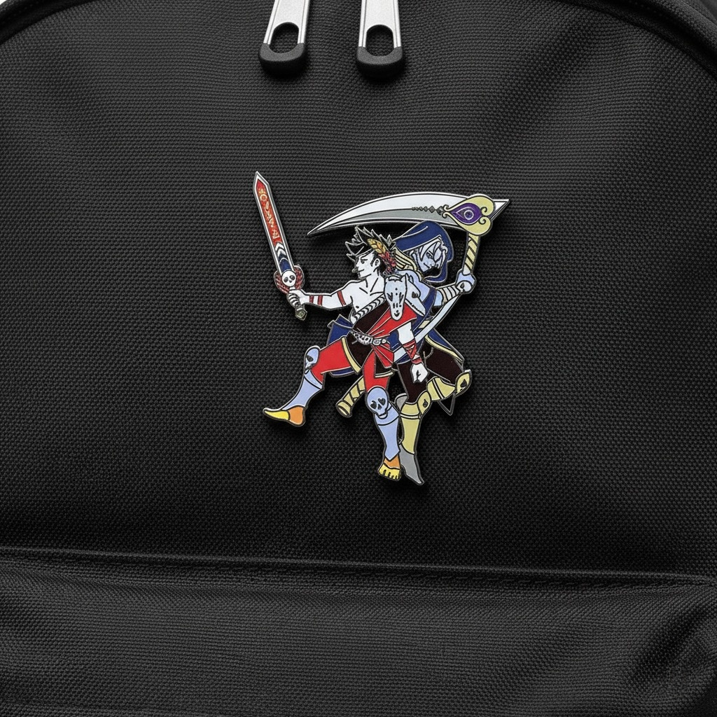 A lifestyle photo showing the Zagreus and Thanatos Hades pin being worn on a backpack, perfect for Hades game merch
