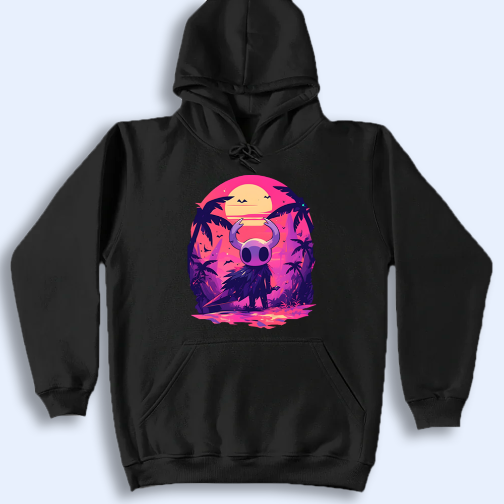 Black hoodie with a colorful graphic design of Hollow Knight on a light gray background