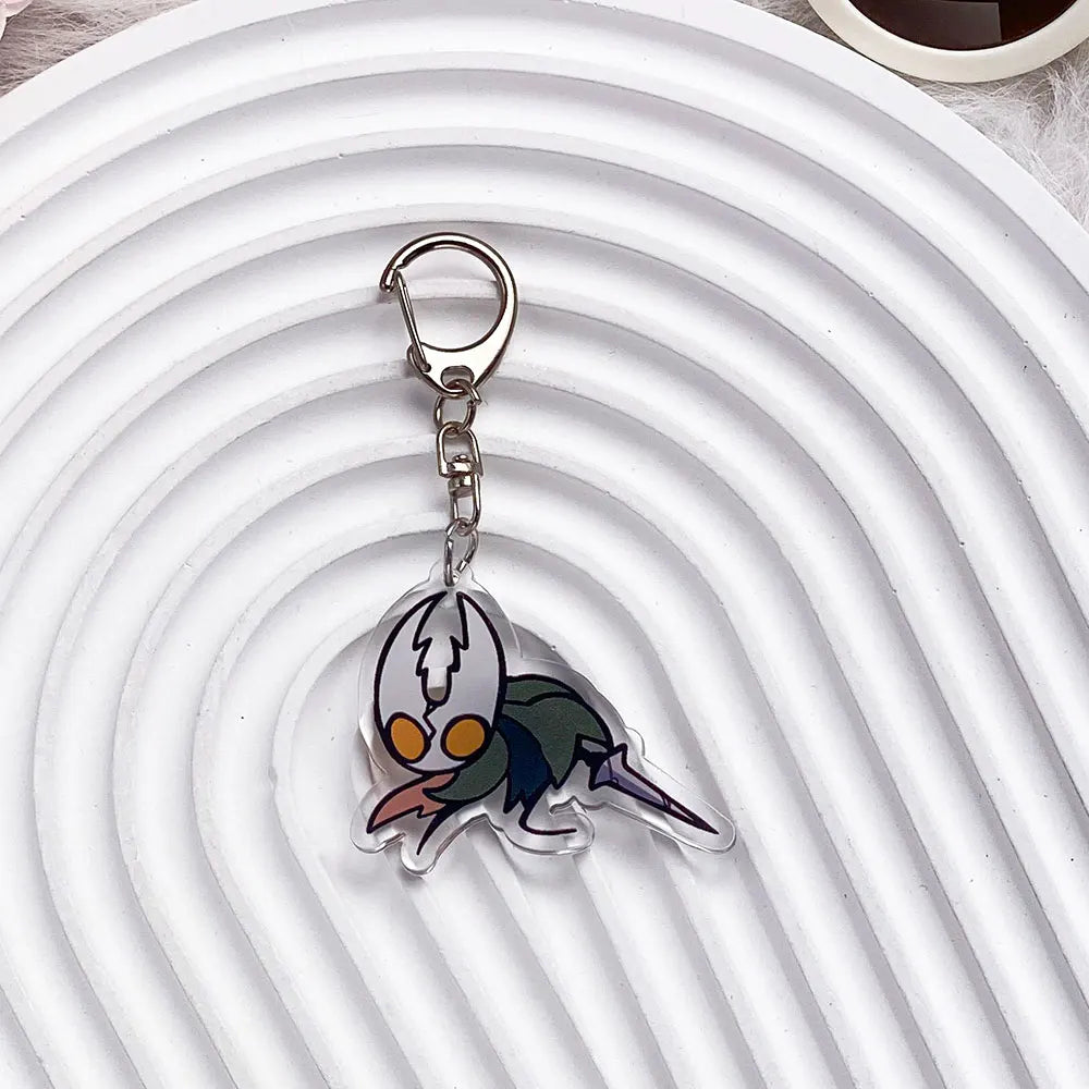 Close-up of The Knight acrylic keychain, showing print detail, model1
