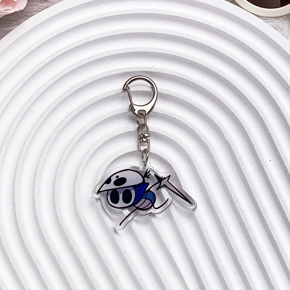Close-up of The Knight acrylic keychain, showing print detail, model12