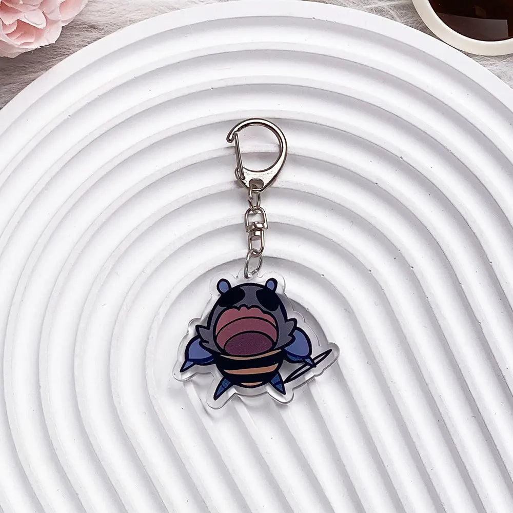 Close-up of The Knight acrylic keychain, showing print detail, model12