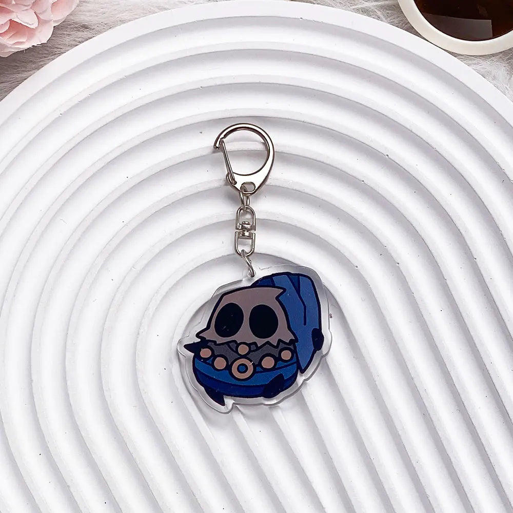 Close-up of The Knight acrylic keychain, showing print detail, model5