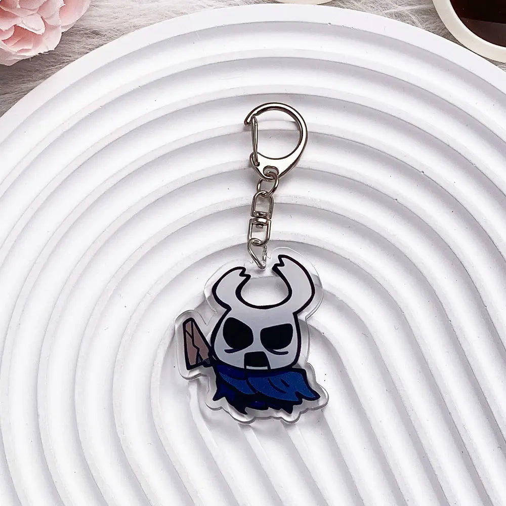 Close-up of The Knight acrylic keychain, showing print detail, model6