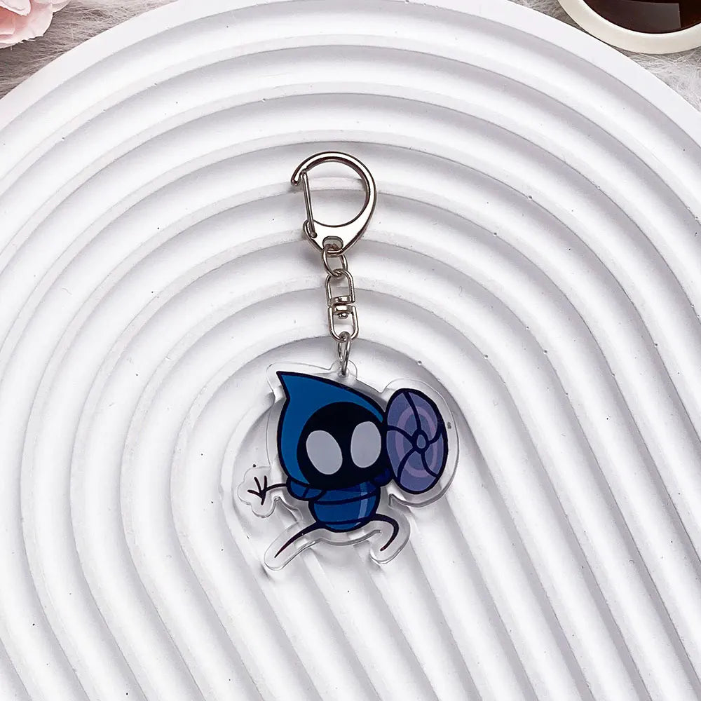 Close-up of The Knight acrylic keychain, showing print detail, model7
