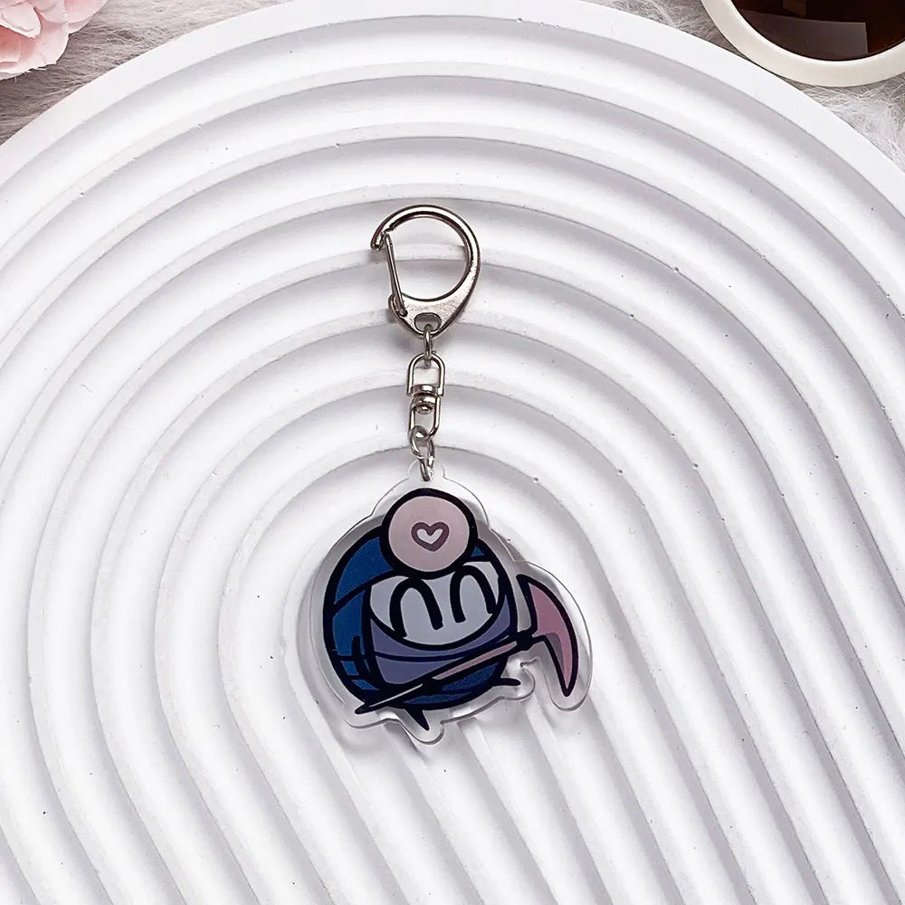Close-up of The Knight acrylic keychain, showing print detail, model8