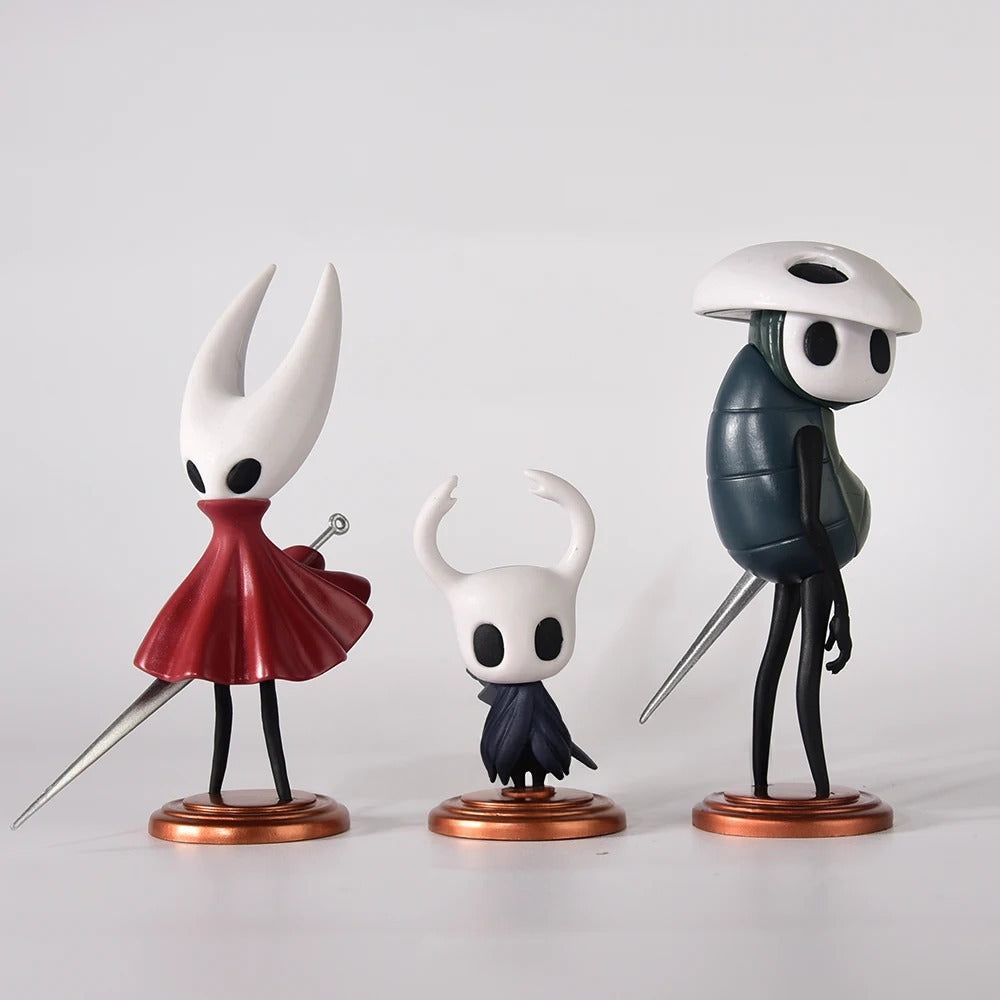 Three-piece Hollow Knight figure set featuring Hornet, The Knight, and Quirrel. The best Silksong figure and Hallow Knight figures combo