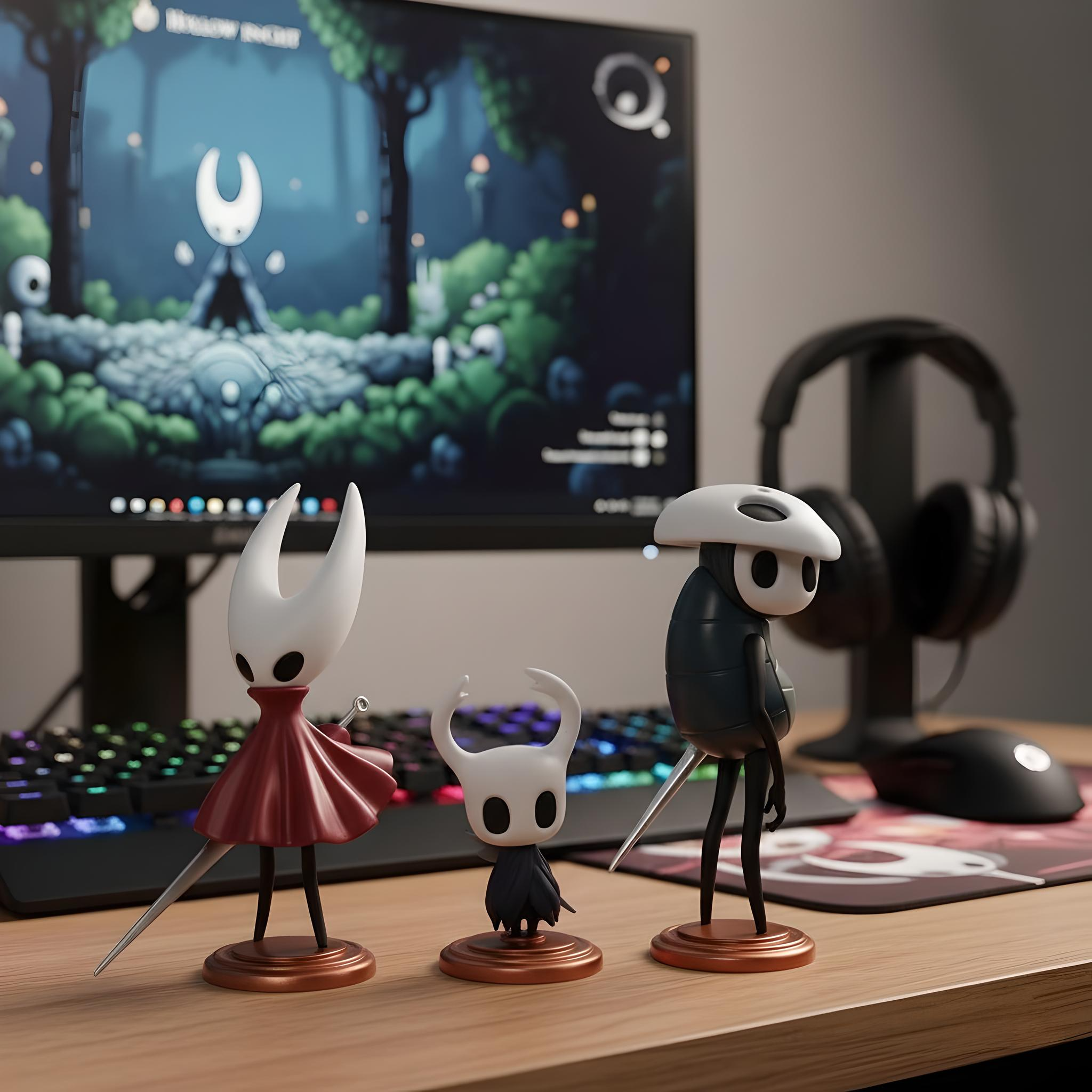 Three Hollow Knight figurines in front of a computer screen displaying a game.