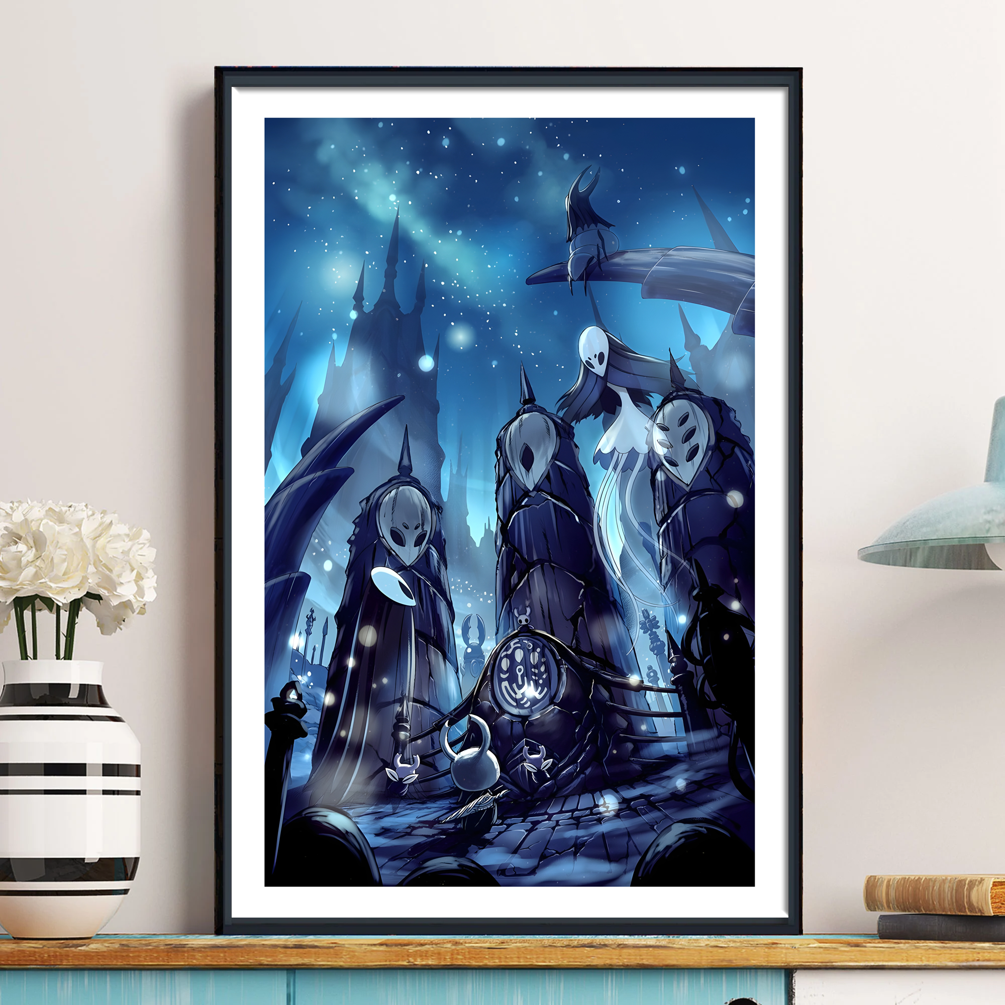 Framed Hollow Knight Poster print featuring the boss montage, rolled up and ready for gifting.