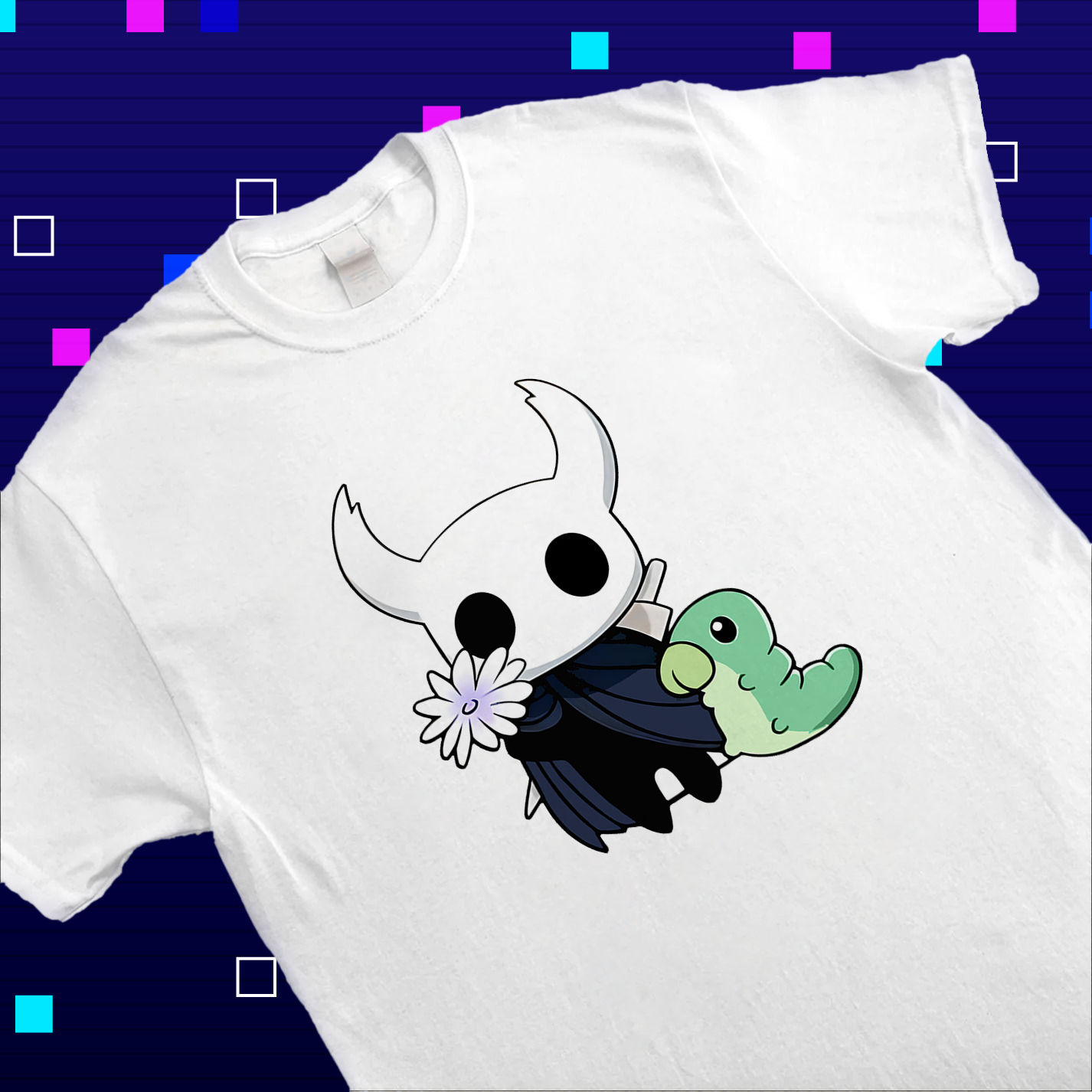 Cute Hollow Knight Grub character printed on a t-shirt mockup