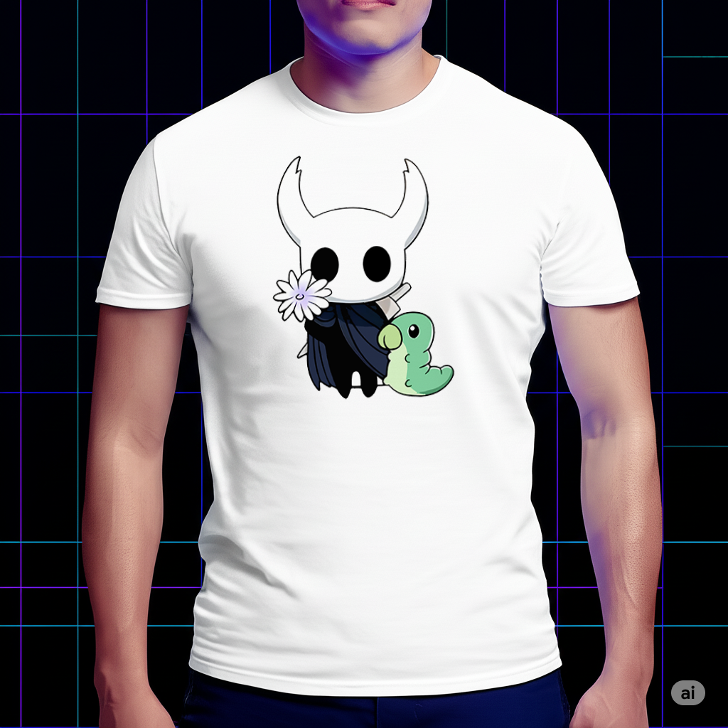 Cute Hollow Knight Grub character printed on a t-shirt mockup