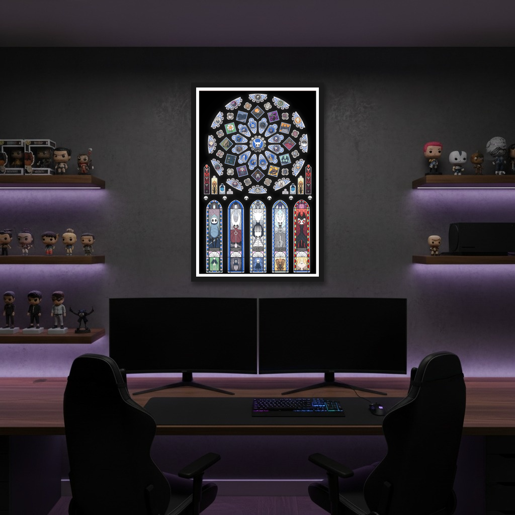 Framed Hollow Knight Poster displayed in a gaming room, showcasing the classic artwork and size.