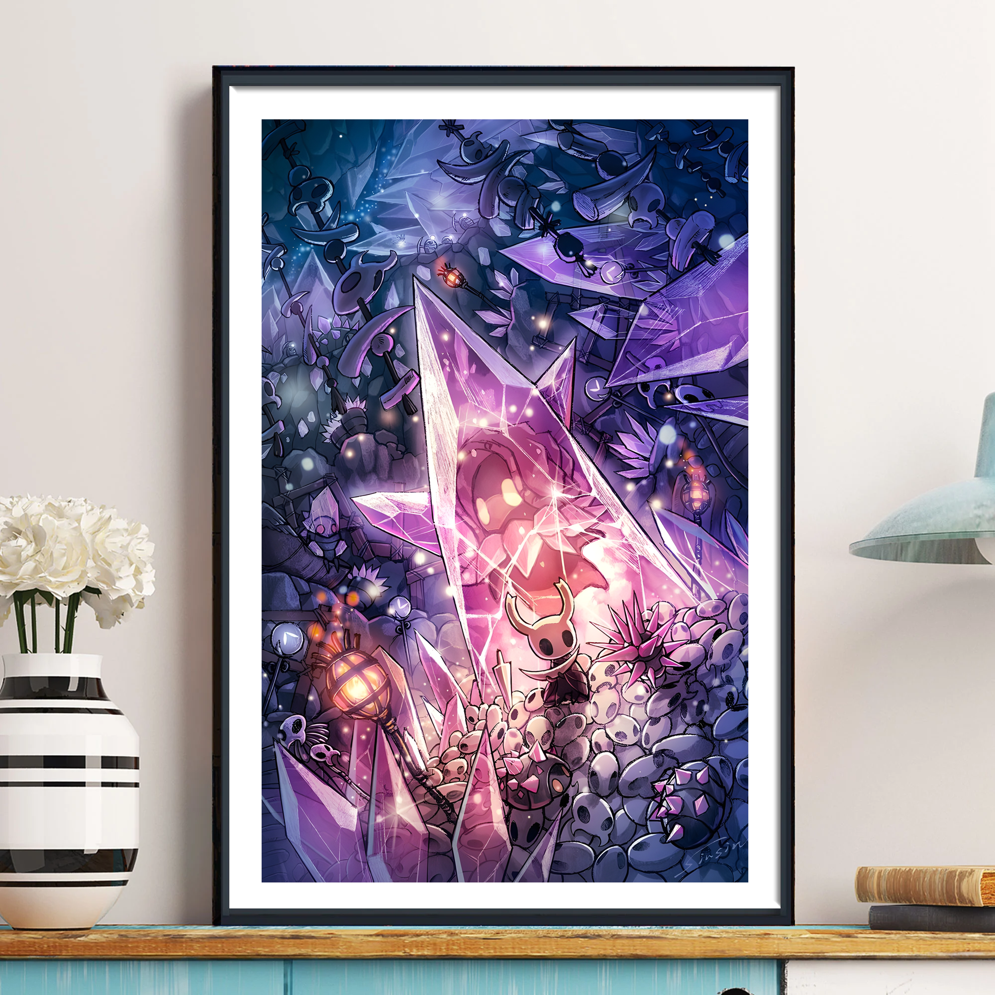 Framed Hollow Knight Poster print featuring the character ensemble, rolled up and ready for gifting.