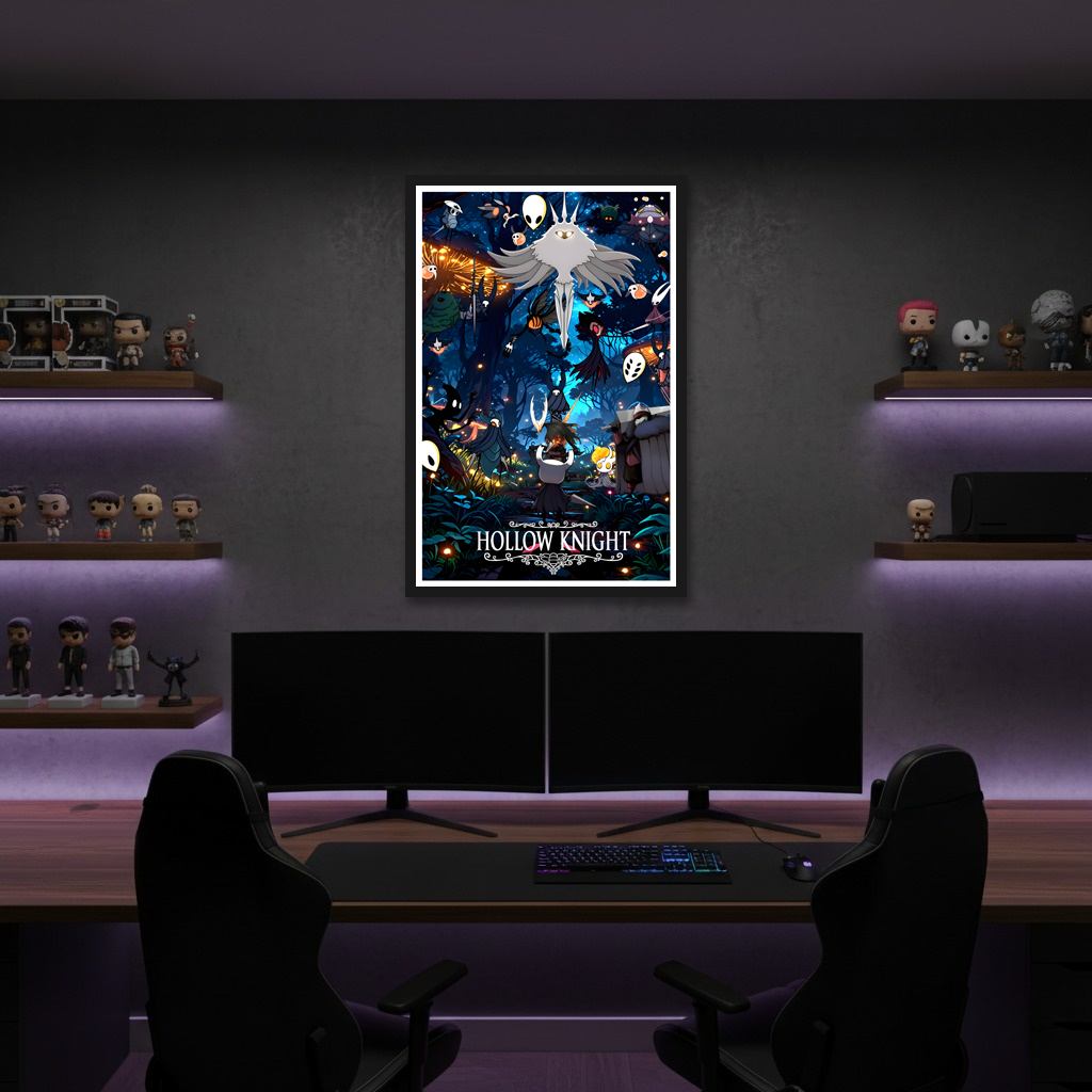 Framed Hollow Knight Poster displayed in a softly lit room, showcasing the atmospheric mood of the fan art.