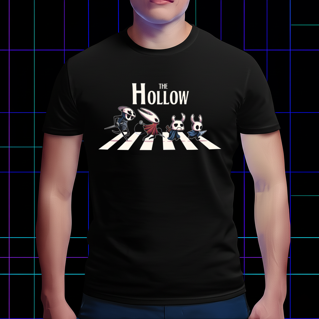 Person wearing the Hollow Knight shirt with the Crossroads Crew design, showing the funny character group print