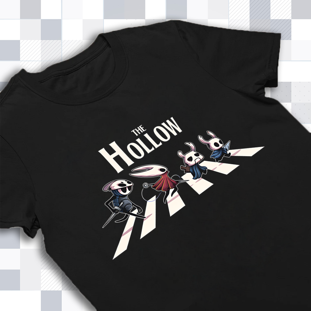 Close-up of the high-quality print on the Hollow Knight shirt, highlighting the funny facial expressions and character details