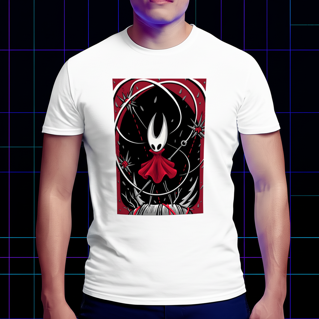 Person wearing the Hollow Knight shirt with Hornet's 'Deadly Hunter' design, showing the front view and fit